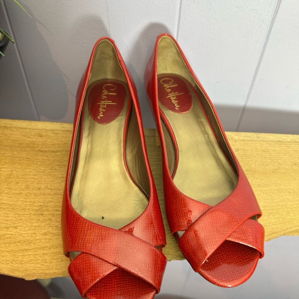 Cole Haan Women's Vibrant Red Peep Toe patent leather wedge Heels